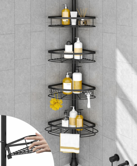 SEIRIONE Corner Shower Caddy Tension Pole, Rustproof Bathroom Shower Organizer Corner, 4Tier Adjustable Bathroom Shelf, Solid Rack Ideal for Bathtub Storage, 34 to 116 Inch Height, Black