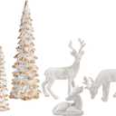 DN DECONATION Reindeer and Christmas Tree Decoration Set of 5  Xmas Deer Figurines and Tree Statues  White & Gold Resin Christmas Figurines for Table Decor, Mantle Decor, Holiday Decorations Indoor
