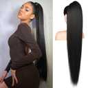 Flufymooz ponytail extension, 36 Inch Long Straight Drawstring Ponytail Synthetic Hairpieces Fake Pony Tails Natural Soft Clip in Hair Extension ponytail for Women (Natural Black)