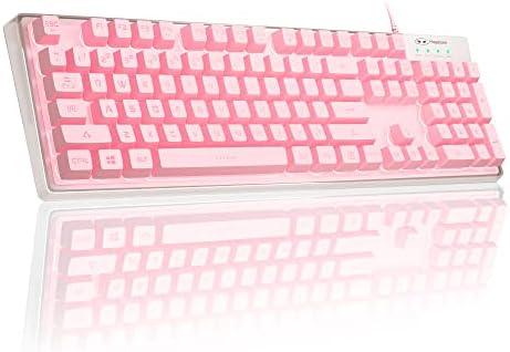 MageGee Gaming Keyboard, 7 Solid Colors Backlit Wired Gaming Keyboard with Clear Housing and Double-Shot Keycaps, K1 Waterproof Ergonomic 104 Keys Light Up Keyboard for PC Desktop Laptop, Pink