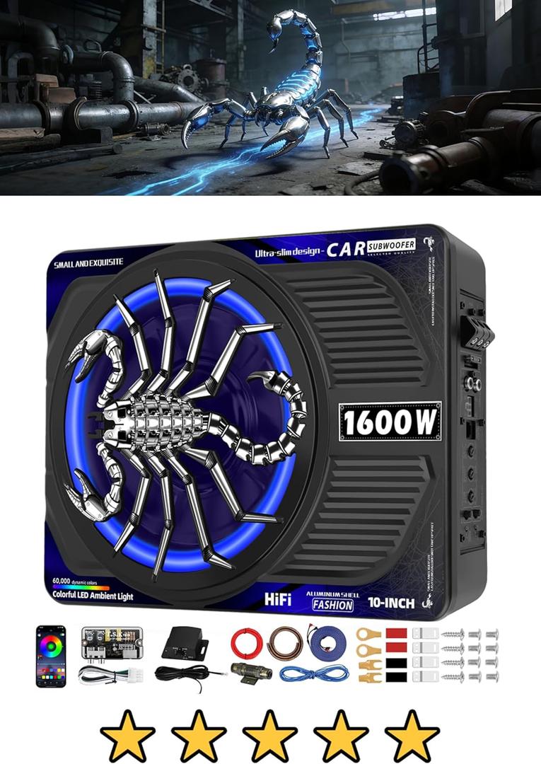 1600W Slim Underseat Car Subwoofer and Amp Package, Powered Subwoofer Car Audio with Built-in Class D Amp, RGB Beat-Sync Light, Deep Subsonic Bass, Under Seat Subwoofer for Truck SUV Sedan