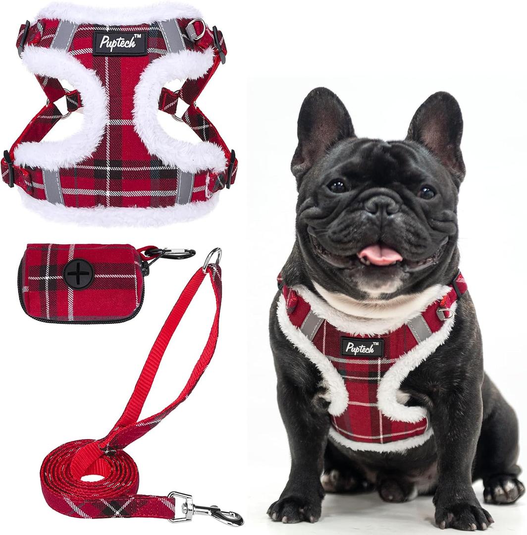PUPTECK Dog Harness and Leash Set Medium Sized, Step in No Pull Adjustable Puppy Cat Harness Reflective Pet Vest (L (25-33lbs, Chest 20"-25"), #3 Red (Plush Plaid))