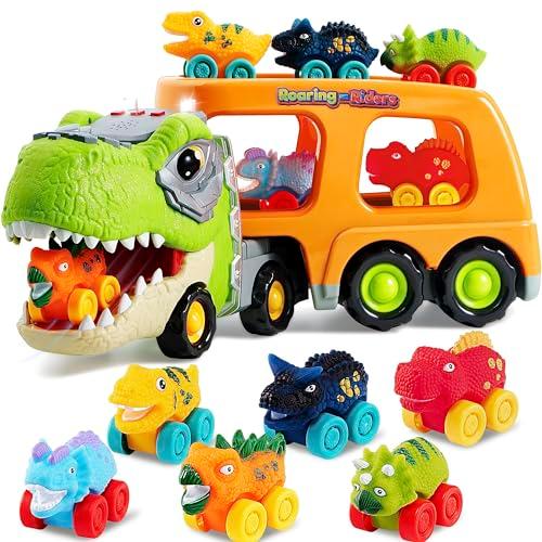 JOYIN Dinosaur Toys for Kids 2-4, Toddler Boy Toys, Dinosaur Carrier Truck with 6 Rubber Car Vehicles, Easter Birthday Gifts with Music & Lights for 2 3 4 5 Year Old