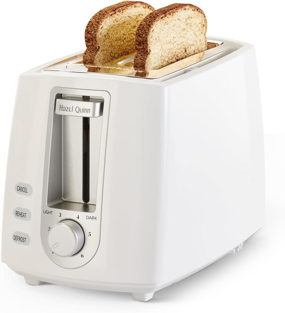 Hazel Quinn 2-Slice Compact Toaster - Wide Slots for Thick Bread & Bagels, 6 Browning Levels, Even Heating, Removable Crumb Tray, Quick Toast, Ideal for Breakfast & Small Kitchen - White