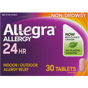 Allegra Adult 24-Hour Allergy Relief Tablets, Non-Drowsy Indoor and Outdoor Allergy Medicine, 180 mg Fexofenadine HCI Antihistamine Pill, 30-Count
