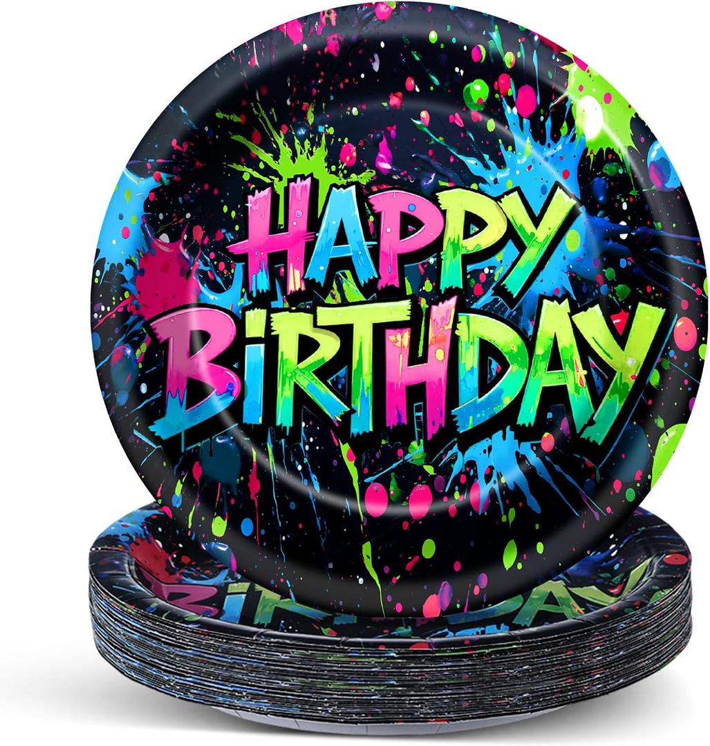 60PCS Neon Birthday Party Plates Glow Happy Birthday Party Supplies 7Inch Neon Dessert Plates Tableware Supplies Disposable Glow in the Dark Colorful Graffiti Dinnerware for K-Pop Parties Favors