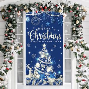 Christmas Party Decorations Large Size Merry Christmas and Happy New Year Door Banner for Xmas Party Decorations, 71x35 Inches (Blue Silver)