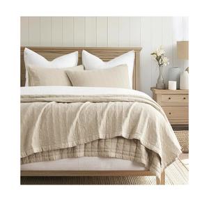 EVERGRACEHOME Stonewashed Cotton Quilt Set King Size, Ultra Soft Oversized Bedspread Coverlet Set, Lightweight Crinkle Box Stitch Bedding Sets for All Season, with 2 Shams, Flax Beige