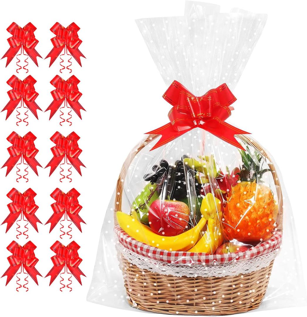 JOYIT 50 Pcs Clear Cellophane Bags with White Dot (18 in x 30 in) - 3 Mil Thicker Cellophane Wrap for Gift Baskets, Clear Plastic Bags with Red Bows Ribbon