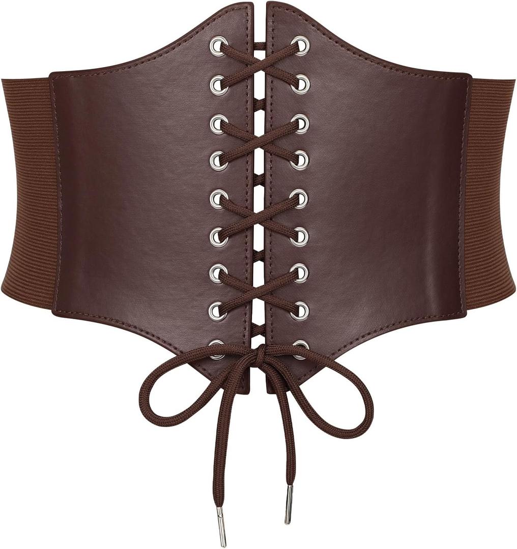 SANSTHS Wide Corset Belt for Women Lace-up Renaissance Corset Hight Waist Elastic Belt for Halloween Costume Parties (Brown, S)