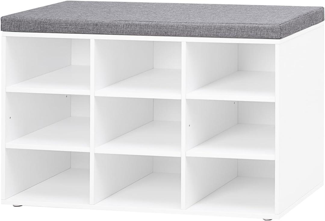 DINZI LVJ Shoe Storage Bench with Cushion, Cubby Shoe Rack with 9 Cubbies, Adjustable Shelves, Multifunctional Shoe Organizer Bench for Entryway, Mudroom, Hallway, Closet and Garage, White