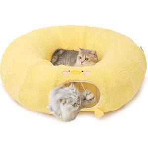 EHEYCIGA Cat Tunnel Bed for Indoor Cats, Cute Cat Donut Toy Tunnel for Small Large Cats with Washable Circle Cushion, Peekaboo Pet Cave Play Tunnel for Kitten, Puppy, Rabbit (Yellow)