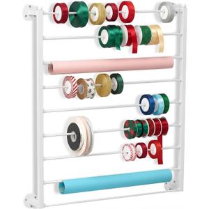 Menkxi 9 Tier Wall Mounted Ribbon Organizer Metal Ribbon Holder Organizer Rack Wrapping Paper Storage for Sewing Craft Mesh Thread Tape Wreath Crochet Craft Room Flower Shop(White)