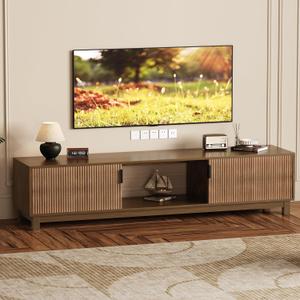 Garvee Fluted TV Stands for TVs Up to 80 in, Mid Century Modern Entertainment Center with Open Storage Compartments, 70 in Long Wooden TV Console for Living Room Bed Room- Walnut
