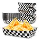 KERINGO No Folding Required 50 Pack 2Lb Race Car Paper Food Trays Checkered Birthday Party Supplies Large Paper Food Trays with Disposable Black and White for Racing Flag Hot Dog Popcorn Nacho Snack