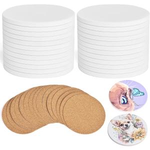 24 Pcs Round Ceramic Tiles for Crafts 4x4 White Ceramic Coasters for Crafts with Cork Backing Pads Blank Unglazed Tiles for Painting, Alcohol Ink, Acrylic Pouring, DIY Coaster