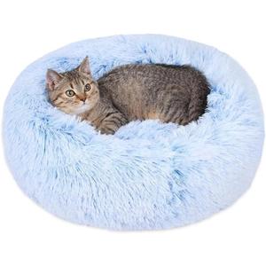 Cat Beds for Indoor Cats - Cat Bed Washable 24 inches, Dog Beds for Small Medium Dogs, Anti Anxiety Round Fluffy Plush Faux Fur Cat Bed, Thick Bottom (Cornflower Blue, Large 24" L x 24" W)