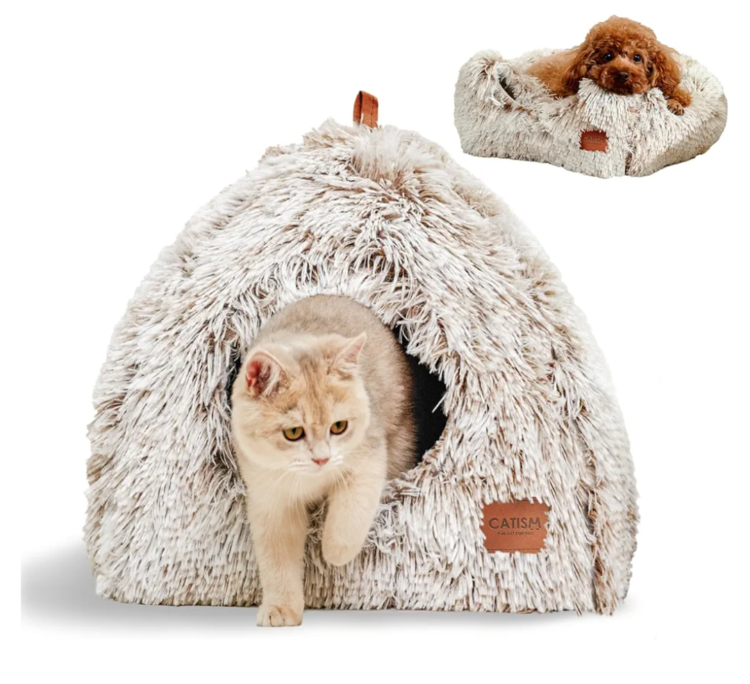 CATISM Cat Bed, Cat Cave for Indoor Cats, Soft Cat Dome, SelfWarming 2 in 1 Foldable Pet Cat House with Washable Cushioned Pillow Calming Fluffy Dog Beds for Small Dogs with AntiSlip Bottom Brown