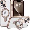 Compatible with iPhone 13 Case with Magnetic Ring Stand [Compatible with Mag-Safe] [Full Camera Lens Protector] Soft Plating Clear Phone Case for iPhone 13 6.1", Desert Gold