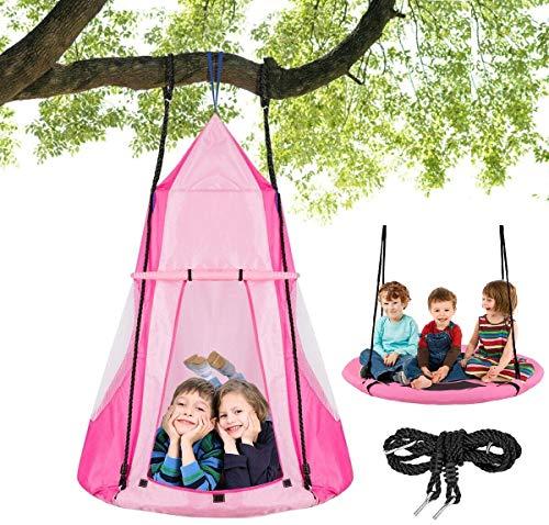 Costzon 2 in 1 Kids Detachable Hanging Chair Swing Tent Set, Hammock Nest Pod Hanging Swing Seat for Boys/Girls, Children Outdoor Indoor Swing Play House with Play Tent, Max Capacity 330 LBS (Pink)