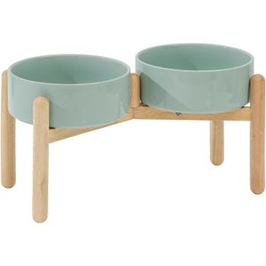 Havniva Ceramic 8.2inch Raised Dog Bowl with Stand for Large- Breed Dogs, Pet Food and Water Feeder (Double Bowl with Stand - Light Green)