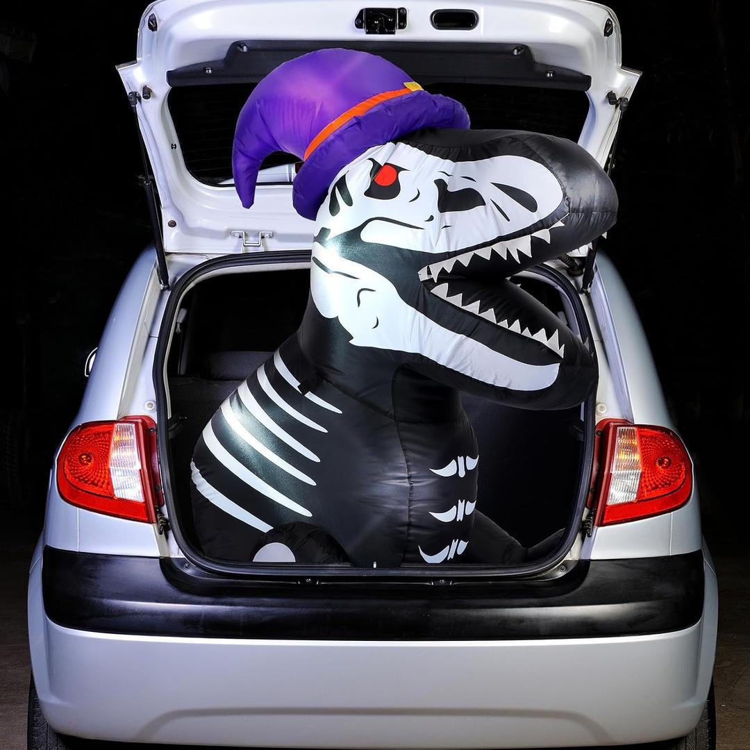 Leyndo 4 ft Halloween Skeleton Dinosaur Trunk or Treat Inflatable Car Decorations Outdoor Dinosaur Blow up Decorations Halloween Car Yard Decor with Build-in LEDs for SUV Outdoor Garden Decor