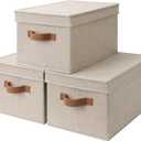 StorageWorks Large Storage Bins with Lids, Decorative Storage Boxes with Lid and PU Handles, Foldable Storage Baskets for Closet, Shelves, Stackable, Brown and Beige, 3-Pack