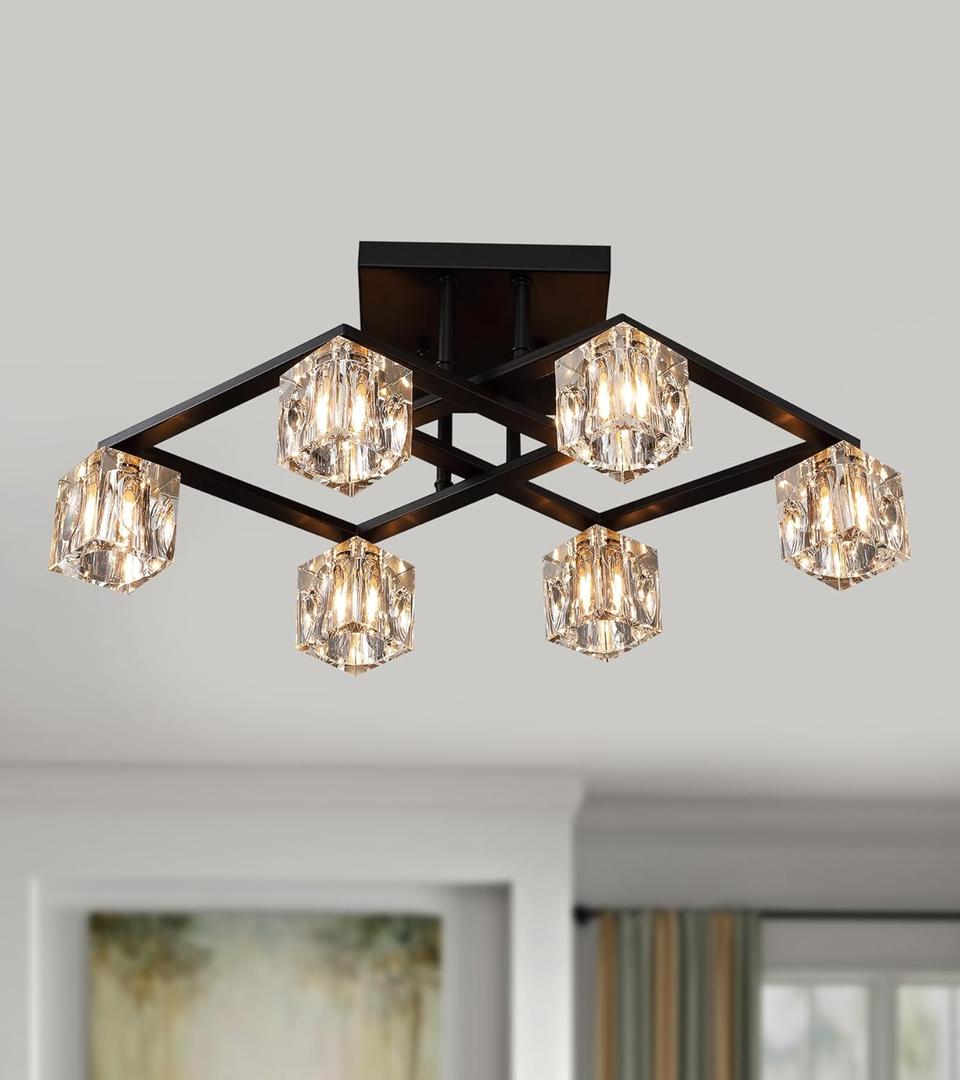 Semi Flush Mount Ceiling Light,Modern Black Crystal Chandelier Geometric 6 Lights Light Fixture for Dining Room Living Room Bedroom Kitchen Island Office
