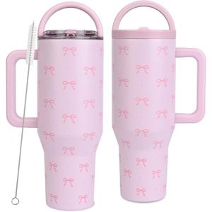 Christmas Gift for Girlfriend - 40 oz Coquette Bow Tumbler with Handles & Straw Lid, Insulated Travel Coffee Mug, Leak Proof, Stainless Steel Cup with Cleaner for Women, Birthday Gift (Pink)