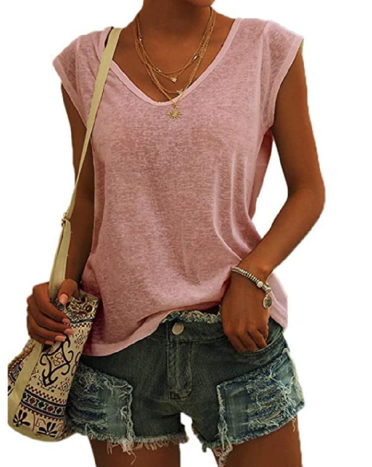 SOUWINEMYI Womens Cap Sleeve T Shirts V Neck Casual Tops Oversized T-Shirt Summer Trendy Lightweight Loose Fit Basic Tees (Pink, M)
