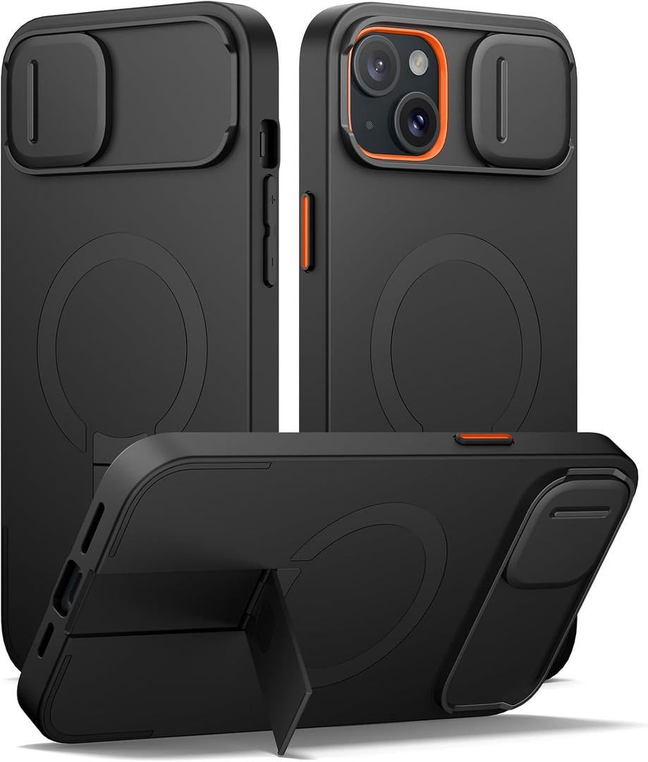SURITCH for iPhone 14 Plus/15 Plus Case with Magnetic Camera Slide Cover and Adjustable Kickstand, Compatible with MagSafe, Shockproof Bumper Case Slim Protective Cover 6.7 Inch, Black