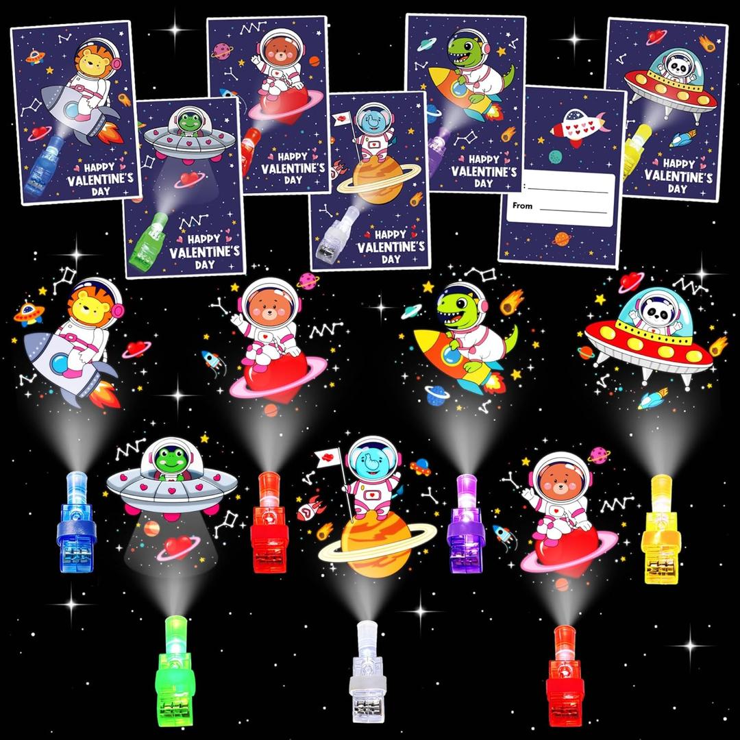 Valentine's Day Gifts for Kids, 24 Pack Valentine's Cards with Animal Astronauts Finger Lights, Valentine Exchange Cards Gift Classroom Prize Party Favors School Rewards