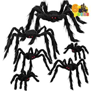 JOYIN 6 Packs Halloween Outdoor Decorations Giant Spiders Set, Halloween Decor Outside, Black Hairy Large Spider with Different Size for Lawn, Yard Decor (30", 30", 20", 20", 12", 12")
