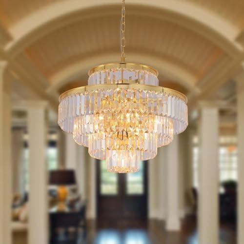 GMlixin Gold Modern Crystal Chandelier Pendant Ceiling Lights Chandeliers Lighting Fixture for Dining Living Room Foyer Hallway 12-Lights (Dia 24 Inch)