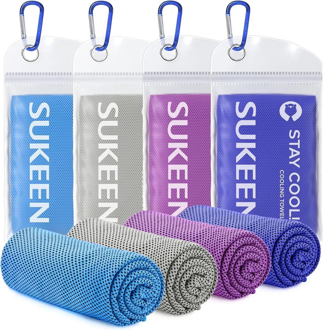 Sukeen 4 Pack Cooling Towel (40"x12"),Ice Towel,Soft Breathable Chilly Towel,Microfiber Towel for Yoga,Sport,Running,Gym,Workout,Camping,Fitness,Workout & More Activities (Blue/Grey/Purple/Dark Blue)