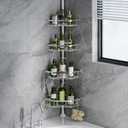 LAMU Corner Shower Caddy Tension Pole, Stainless Steel Shower Organizer, Strong Spring, 4 Adhesive Pads, 2.4" Non-Slip Grid Base, Adjustable 4-Tier Basket, 4 Hooks, Fits Heights 37.8-124", Silver. (1a-silver)