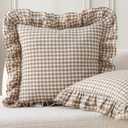 Aryeleay 2 Pack Taupe White Plaid Ruffle Throw Pillow Covers, 100% Cotton Gingham Checkered Farmhouse Decorative Pillow Shams for Bed/Sofa-18 x18
