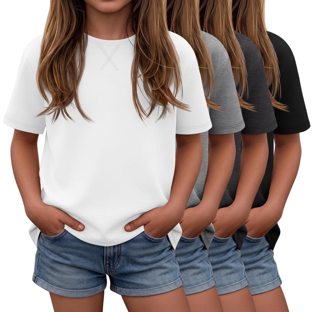 Oakgarden 4 Pack Girls Short Sleeve T-Shirts 5-14Y Crew Neck Drop Shoulder Tops Kids Loose Casual Athletic Basic Shirts Tees(White, Light Mix Gray, Dark Mix Gray, Black,11-12 Years)