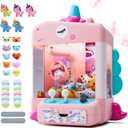 Skirfy Unicorns Claw Machine, Mini Vending Machine with Lights & Music, Adjustable Sound, Candy and Electronic Prize Dispenser, Includes 45 Toys, Candy and Birthday Gift for Kids Girls, Pink