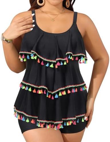Yonique Women's Plus Size Tankini Swimsuits with Shorts Two Piece Bathing Suits Ruffle Swimsuits Tummy Control Swimwear, Size 20 W