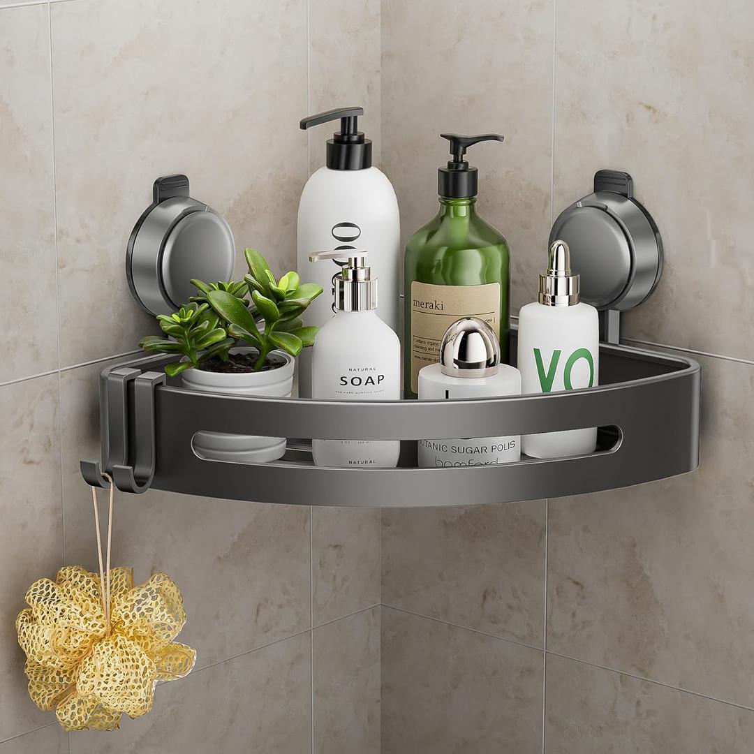 ONXE Shower Caddy Corner,Suction Cup Shower Caddy with Hooks,No Drilling Rustproof Aluminum Bathroom Organizers and Storage,Shelves for Bathroom Accessories Decor (1)