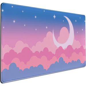 Cute Clouds Desk Mat Kawaii Desk Pad Gaming Mouse Pad Large Blue Sky Deskmat XXL Mousepad, Pink Purple Keyboard Mouse Mat Computer Mat for Desk, Kawaii Desk Decor for Women Girls 31.5X15.75 in (Q-painted Moon)
