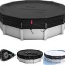 QH.HOME 28 Ft Heavy Duty Winter Pool Cover for 27/28 Ft Steel Wall Pool, 4 ft Overlap (32 ft Cover Size) [Excellent Windproof ] Fast Tightening Ratchet & Counterweight Ring,Cold and UV Resistant