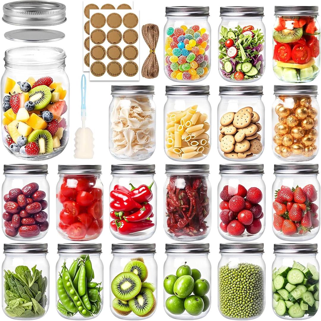 PINIWON 12 oz Mason Jars with Lids and Bands, 20 Pack Regular Mouth Canning Jars, Clear Glass Jars for Canning, Pickling, Food Storage, DIY Projects, 36 Labels, Brush & String Included