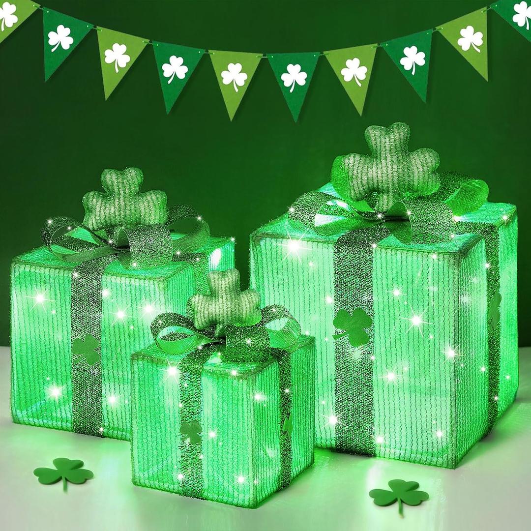 Lewondr St Patricks Day Decorations Lighted Gift Boxes with 3D Shamrocks, Green Decor Light Up Present Boxes for St Patrick's Day, USB Powered + Remote Control Lucky Clover for Indoor Home Holiday