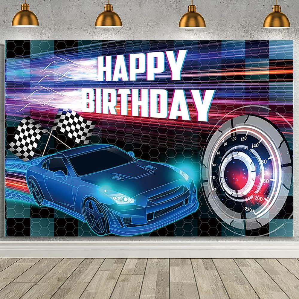 MEHOFOND 7x5ft Car Racing Happy Birthday Backdrop, Blue Racing Party Photo Background for Boys, Cars Party Decor
