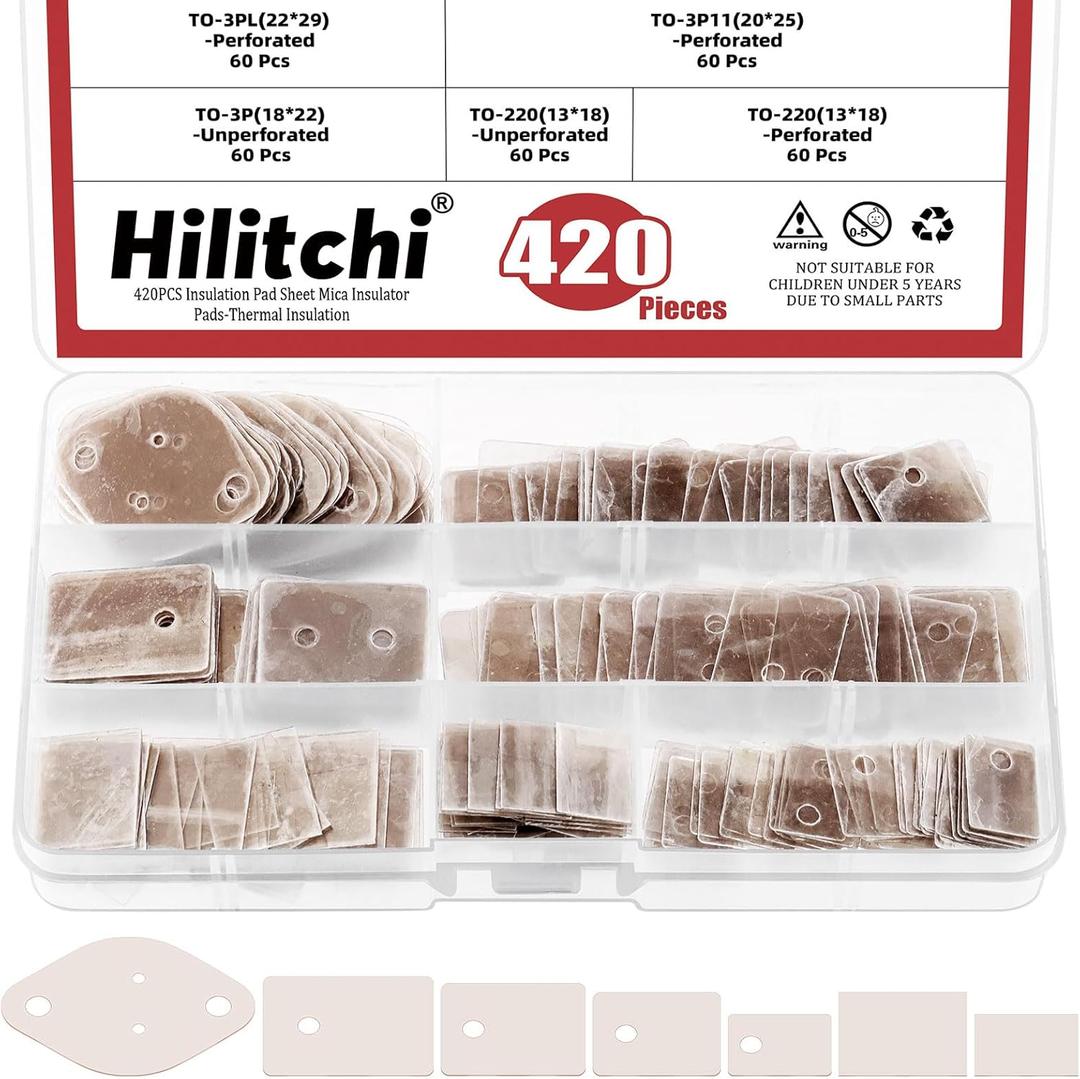 Hilitchi 420PCS Mica Insulator Sheet Assortment Kit: TO-220, TO-3P, TO-3P11, TO-3PL, To-3 Rectangle Mica Insulation Sheet with Hole and without Hole