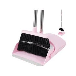 BSKLIN Broom and Dustpan Set House Brooms for Sweeping Indoor Collapsible Broom and Dust Pan Combo for Home Office Kitchen Lobby Floor Pet Hair (Pink)