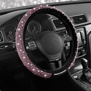 Skechers Womens Bling Steering Wheel Cover, Velvet with Sparkly Crystal Rhinestones, Stylish Car Interior Gift, Universal Fit 14" 1/2-15" for Cars, SUVs, Trucks, Pink Diamond