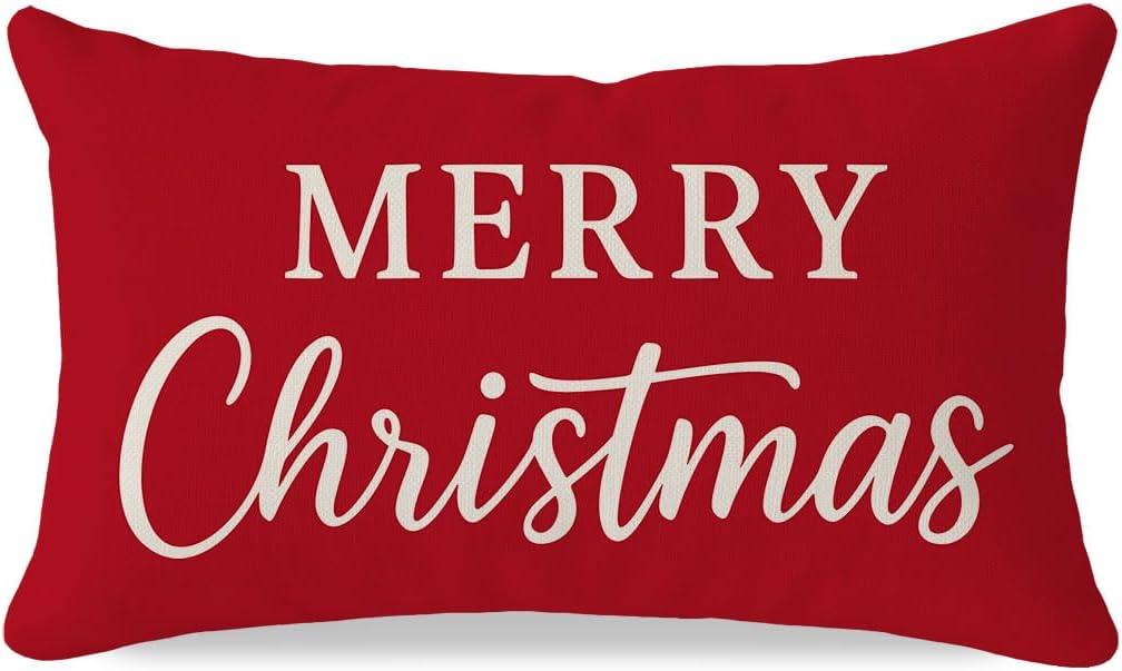 PANDICORN Merry Christmas Pillow Cover 12x20 Inch, Crimson Red Xmas Holiday Lumbar Decorative Cushion Case, Rustic Farmhouse Christmas Decor for Couch Sofa